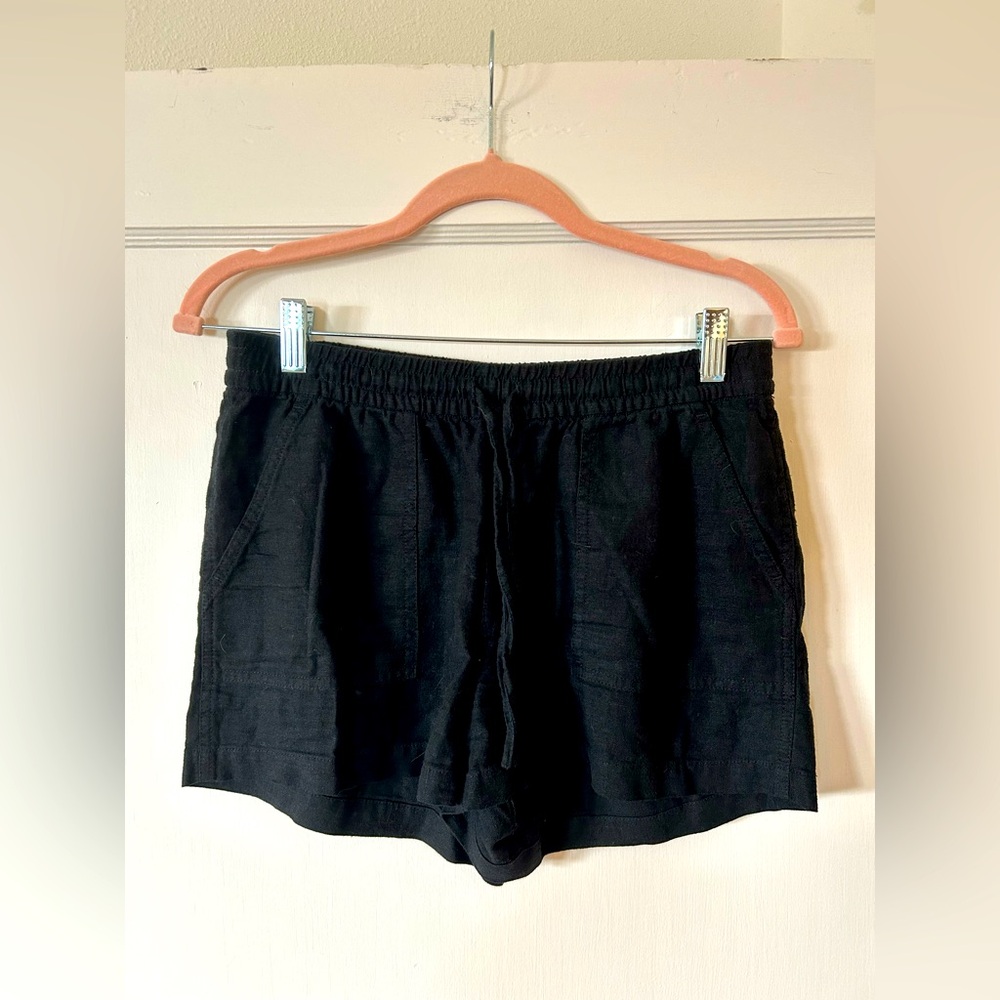 J. Crew Black Linen Drawstring Cargo Style Shorts with Elastic Waist and Tie